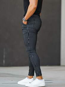 Men Striped Skinny Trousers - Black - View 3
