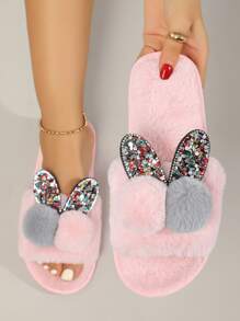 女士粉色學院風涼拖帶水鑽,金屬亮絲,球和毛茸茸裝飾用品 - 粉色 - 查看 1