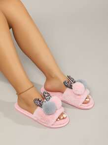 女士粉色學院風涼拖帶水鑽,金屬亮絲,球和毛茸茸裝飾用品 - 粉色 - 查看 4