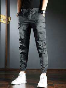 Manfinity Homme Men Drawstring Waist Flap Pocket Cargo Trousers - Dark Grey - View 1
