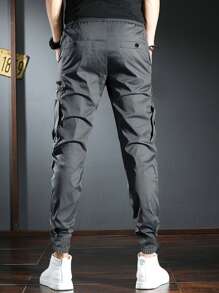 Manfinity Homme Men Drawstring Waist Flap Pocket Cargo Trousers - Dark Grey - View 2