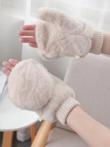 1 Pair Women Pink Plush Flip Top Lined Thicken Fingerless Gloves - Beige - View 1