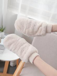 1 Pair Women Pink Plush Flip Top Lined Thicken Fingerless Gloves - Beige - View 2