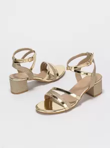 女士夏季新款时尚系带舒适露趾粗跟凉鞋 - 金色 - 查看 3