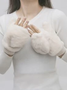 1 Pair Women Pink Plush Flip Top Lined Thicken Fingerless Gloves - Beige - View 3