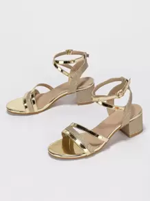 女士夏季新款时尚系带舒适露趾粗跟凉鞋 - 金色 - 查看 4