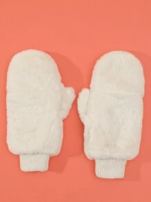 1 Pair Women Pink Plush Flip Top Lined Thicken Fingerless Gloves - Beige - View 4