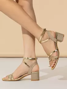 女士夏季新款时尚系带舒适露趾粗跟凉鞋 - 金色 - 查看 5