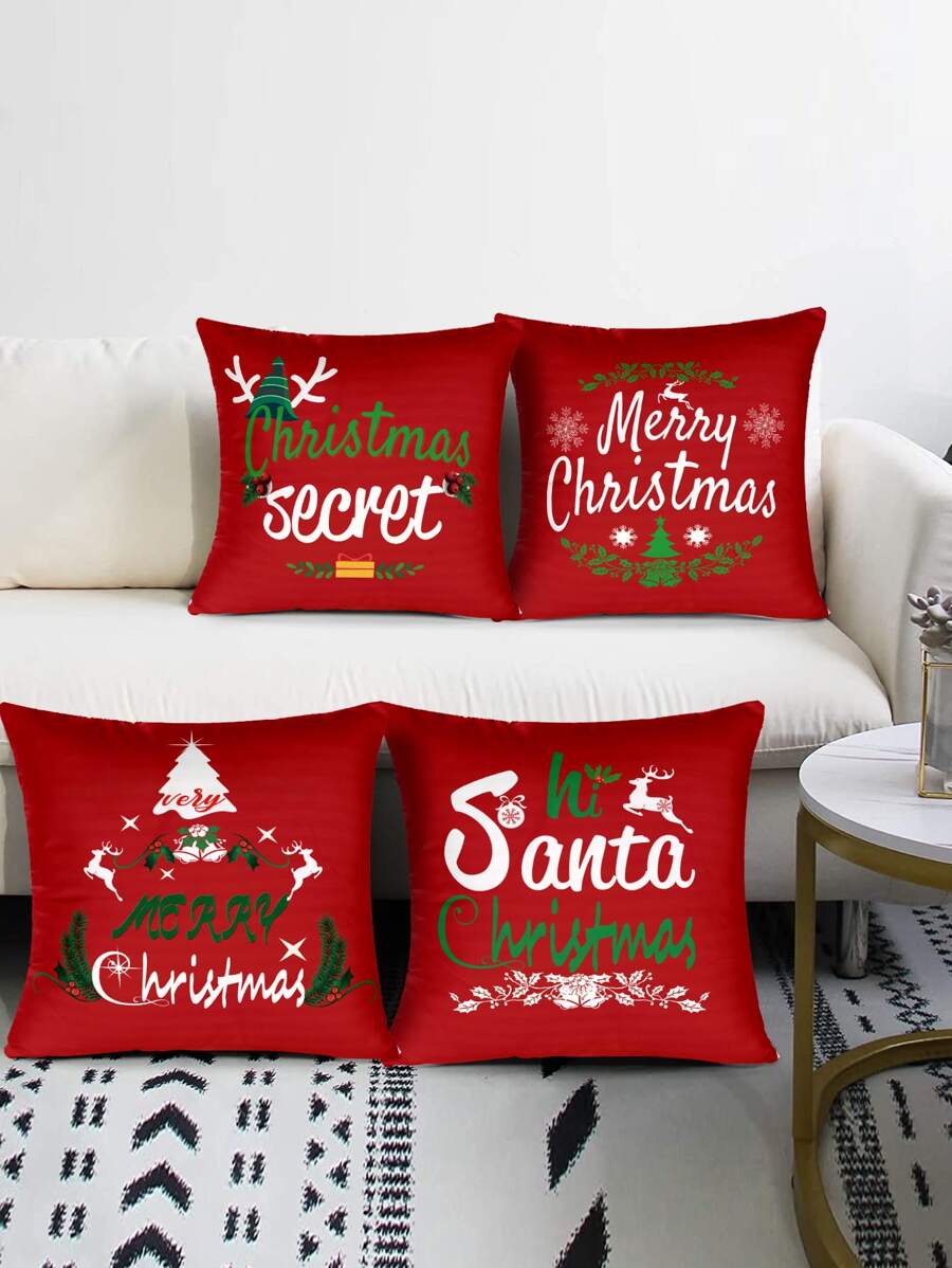 4 piezas Funda de cojín sin relleno Navidad con slogan & con estampado de árbol - Multicolor - Ver 1