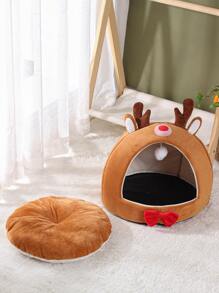 1pc Christmas Elk Design Pet Bed,Warm Cat Cave For Indoor Cats & Small Dogs - Brown - View 5