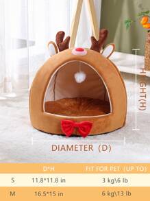 1pc Christmas Elk Design Pet Bed,Warm Cat Cave For Indoor Cats & Small Dogs - Brown - View 7