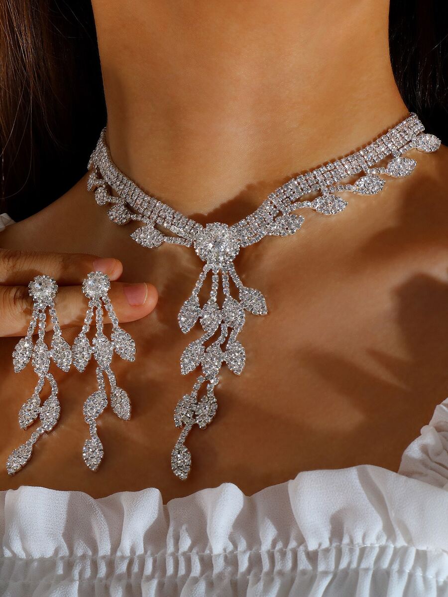 Vòng cổ quyến rũ lá Rhinestone & Hoa tai thả - Bạc - Xem 1