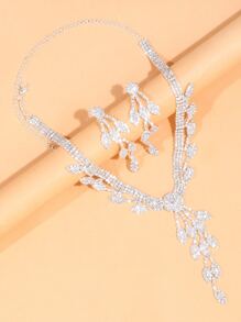Vòng cổ quyến rũ lá Rhinestone & Hoa tai thả - Bạc - Xem 2