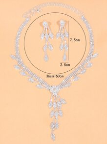 Vòng cổ quyến rũ lá Rhinestone & Hoa tai thả - Bạc - Xem 3