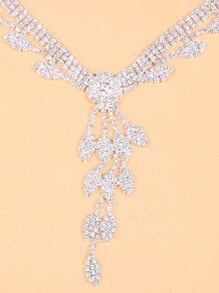 Vòng cổ quyến rũ lá Rhinestone & Hoa tai thả - Bạc - Xem 4