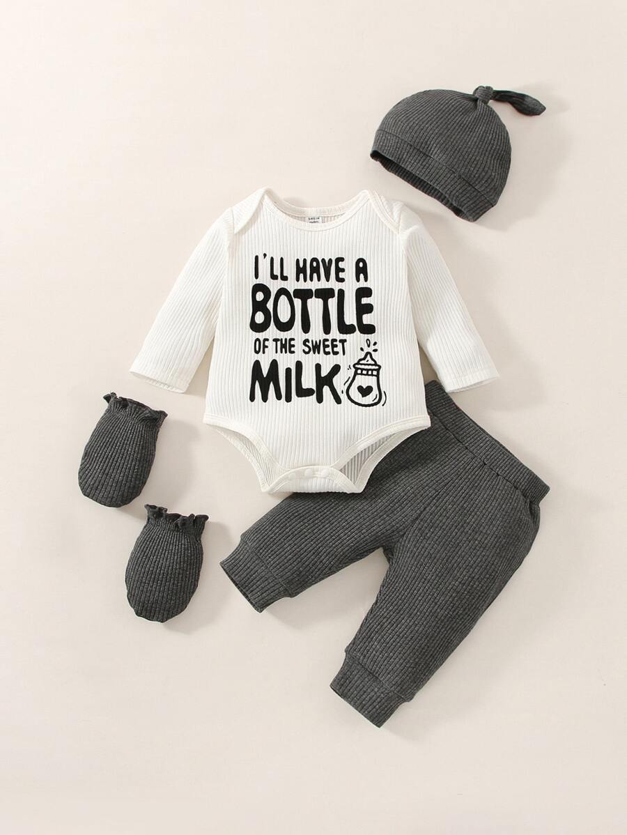 Bé trai sơ sinh Đồ họa Khẩu hiệu Áo liền quần chặt & Quần nỉ & Mũ & Vớ - Nhiều màu - Xem 1