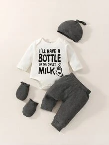 Bé trai sơ sinh Đồ họa Khẩu hiệu Áo liền quần chặt & Quần nỉ & Mũ & Vớ - Nhiều màu - Xem 3