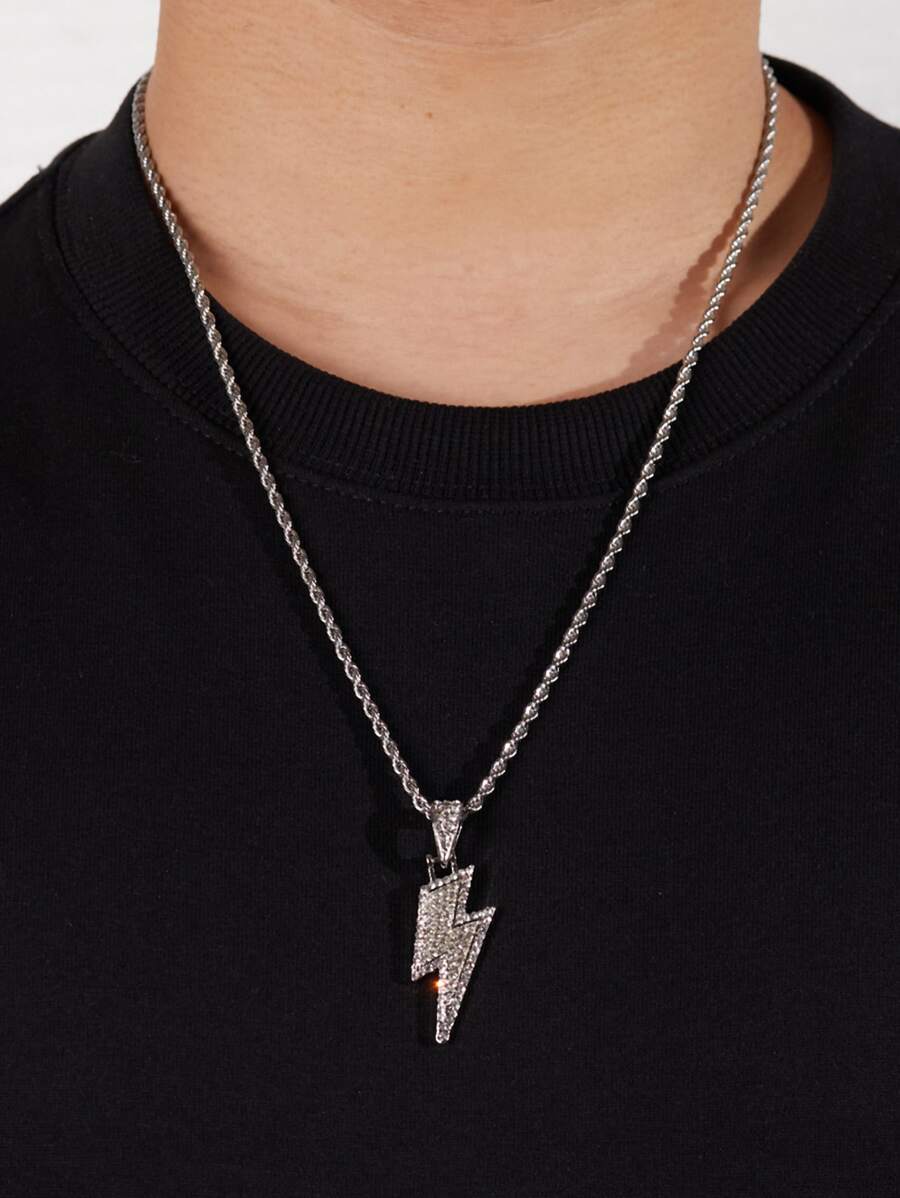 時尚流行男士水鑽閃電吊墜項鍊朋克嘻哈風格合金材料適合珠寶禮物和時尚外觀 - 銀色 - 查看 1