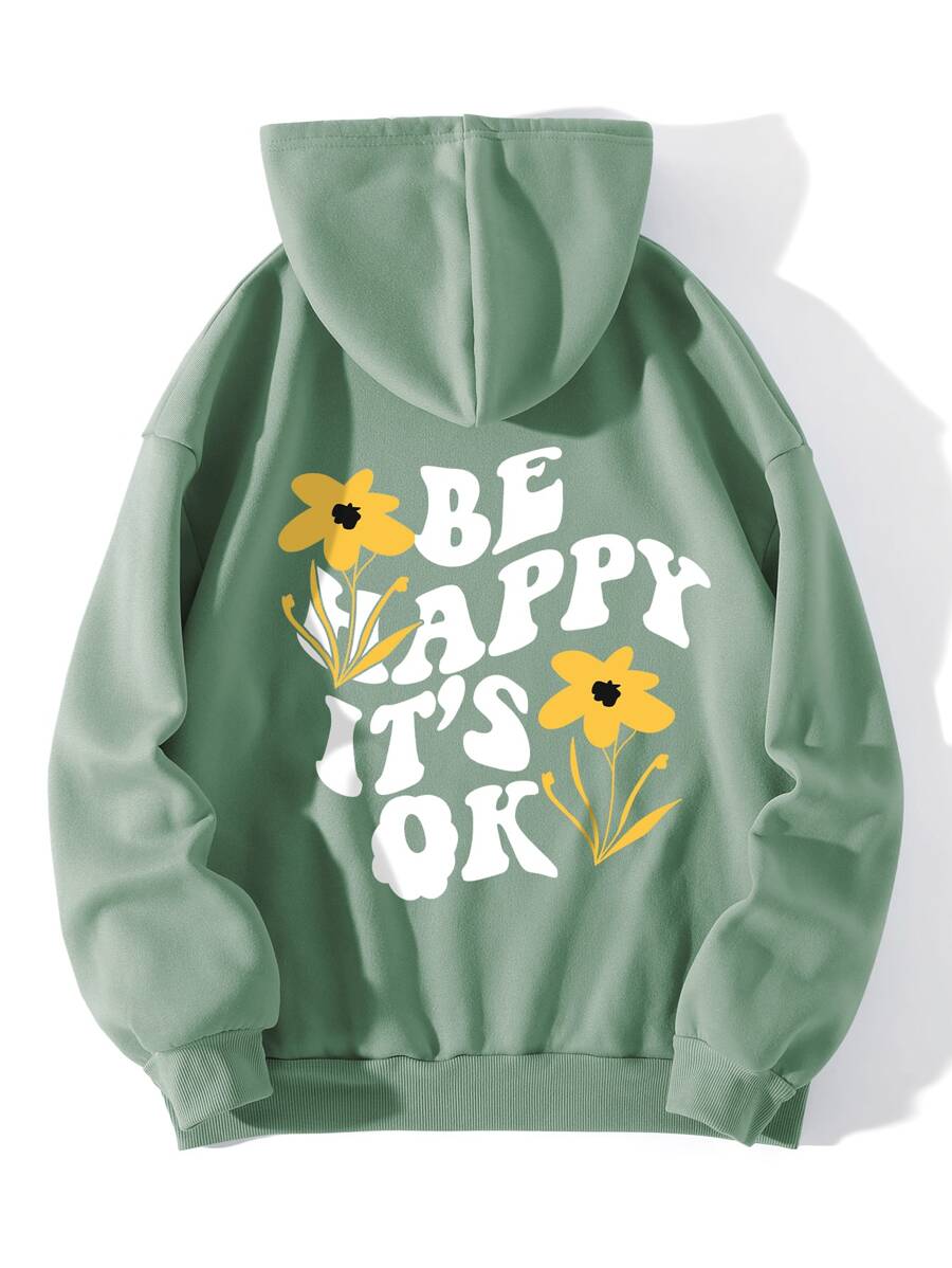 INAWLY 花和標語圖案袋鼠口袋抽繩保暖連帽衫 - 薄荷綠 - 查看 1