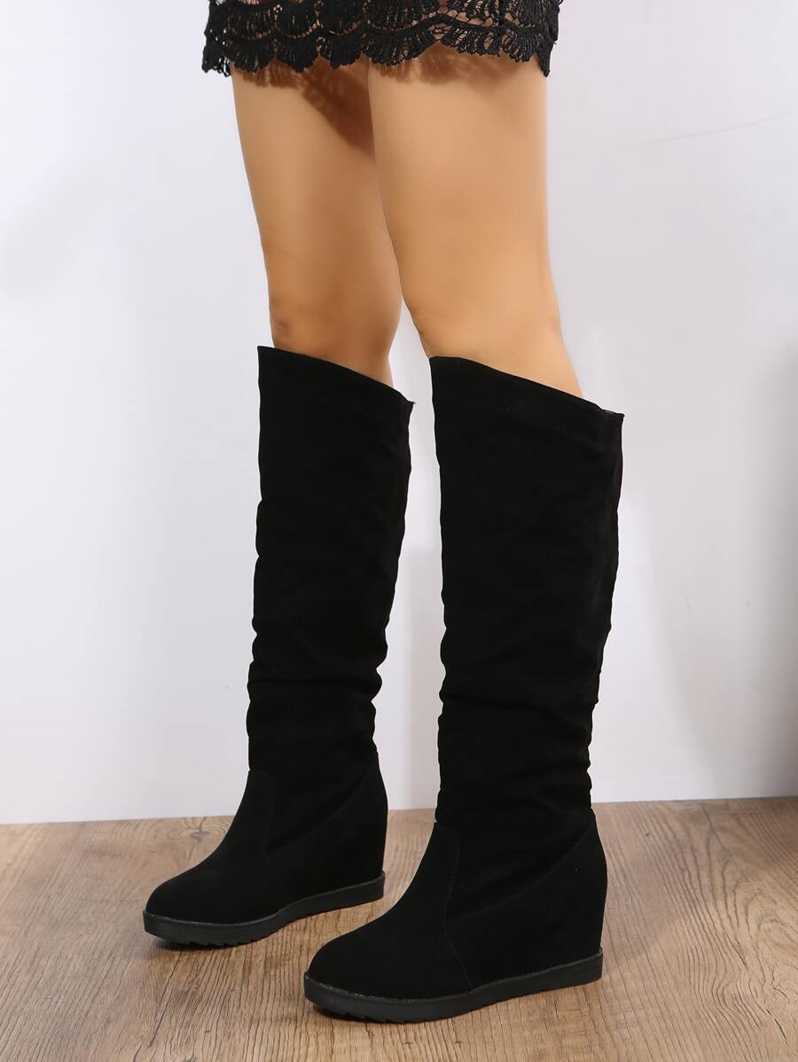 Minimalist Faux Suede Wedge Boots - Black - View 1