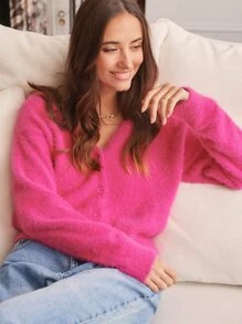 SHEIN Frenchy Cárdigan con botón delantero de peluche - Rosa Fucsia - Ver 1