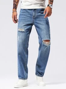 SHEIN X MOHA Men Ripped Straight Leg Jeans - Medium Wash - View 1