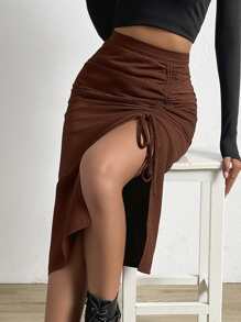 Waffle Knit Drawstring Split Thigh Skirt - Coffee Brown - View 1