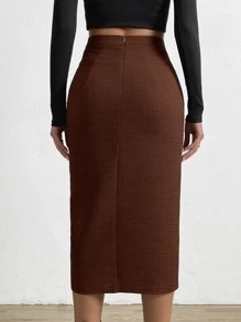 Waffle Knit Drawstring Split Thigh Skirt - Coffee Brown - View 2
