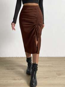 Waffle Knit Drawstring Split Thigh Skirt - Coffee Brown - View 3