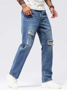 SHEIN X MOHA Men Ripped Straight Leg Jeans - Medium Wash - View 3
