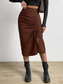 Waffle Knit Drawstring Split Thigh Skirt - Coffee Brown - View 4
