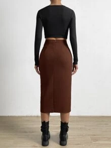 Waffle Knit Drawstring Split Thigh Skirt - Coffee Brown - View 5