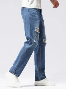 SHEIN X MOHA Men Ripped Straight Leg Jeans - Medium Wash - View 5