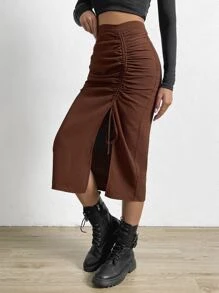 Waffle Knit Drawstring Split Thigh Skirt - Coffee Brown - View 6