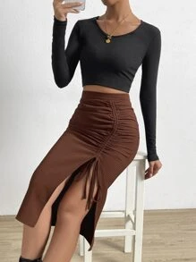 Waffle Knit Drawstring Split Thigh Skirt - Coffee Brown - View 7