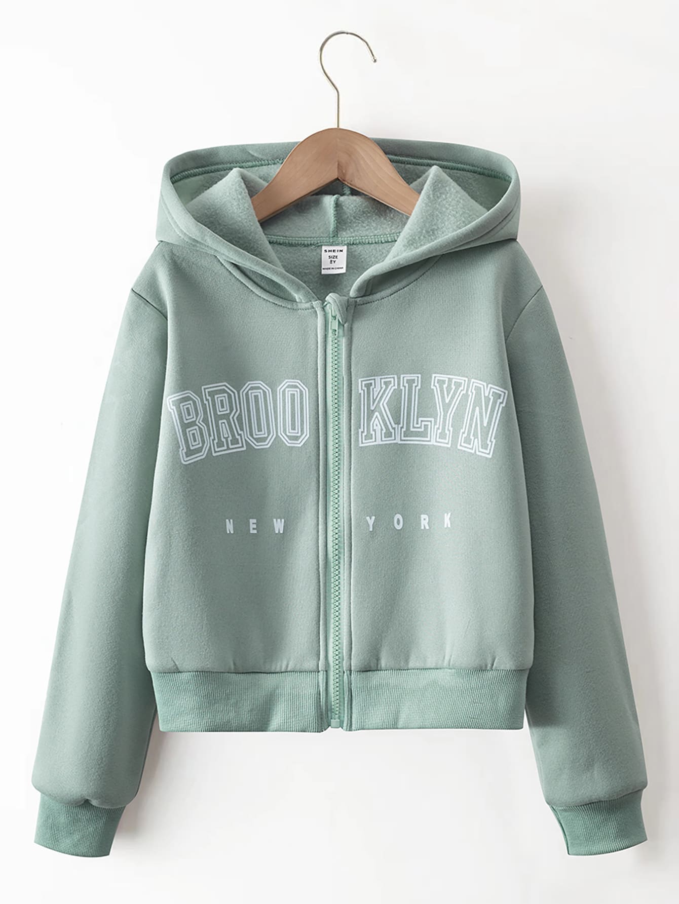 SHEIN 少女款字母图案拉链保暖卫衣 - 薄荷綠 - 查看 1