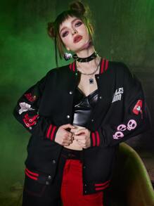 Harley Quinn | ROMWE Cazadora de universidad con letra con estampado de dibujos animados con botón delantero - Negro - Ver 1