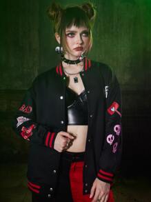 Harley Quinn | ROMWE Cazadora de universidad con letra con estampado de dibujos animados con botón delantero - Negro - Ver 4