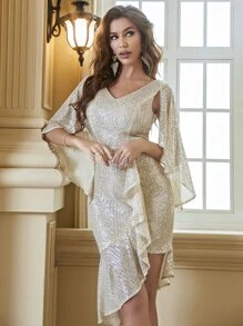 YISIKADO Cloak Sleeve Ruffle Asymmetrical Hem Sequin Dress - Champagne - View 4