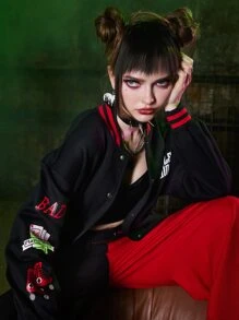 Harley Quinn | ROMWE Cazadora de universidad con letra con estampado de dibujos animados con botón delantero - Negro - Ver 5