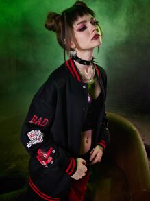 Harley Quinn | ROMWE Cazadora de universidad con letra con estampado de dibujos animados con botón delantero - Negro - Ver 6