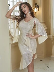 YISIKADO Cloak Sleeve Ruffle Asymmetrical Hem Sequin Dress - Champagne - View 7