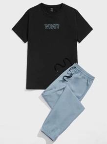 Manfinity BRENVOR 男士字母图案T恤和裤子套装，舒适服装 - 彩色 - 查看 3