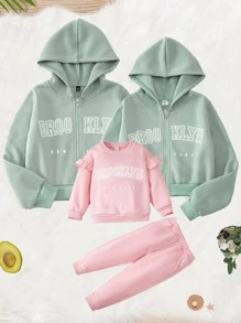 SHEIN 少女款字母图案拉链保暖卫衣 - 薄荷綠 - 查看 3