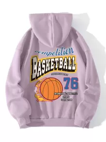 INAWLY Basketball & Letter Graphic Kangaroo Pocket Drawstring Thermal Hoodie - Lilac Purple - View 1