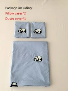 Panda Embroidered Duvet Cover Set Without Filler - Blue - View 4