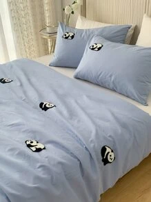 Panda Embroidered Duvet Cover Set Without Filler - Blue - View 5