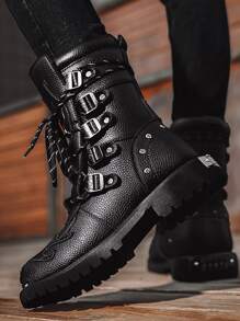 Heren Gesp & Studded Decor Combat Boots, Stijl Met Jeans