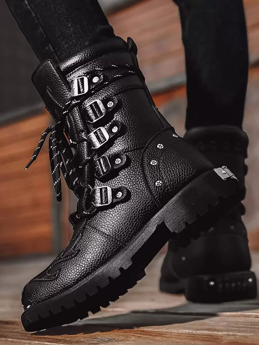 Heren Gesp & Studded Decor Combat Boots, Stijl Met Jeans