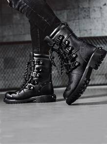 Heren Gesp & Studded Decor Combat Boots, Stijl Met Jeans